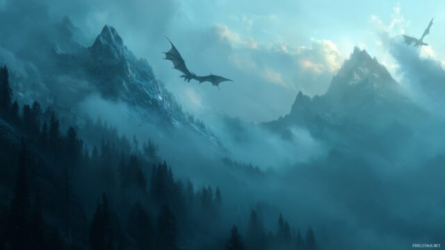 Skyrim Wallpaper With Dragons, Soaring Dragon Over The Dovahkin Quest, Intense And Majestic Atmosphere