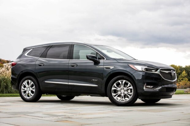 A black Buick Enclave is parked on a paved surface with overcast skies in the background, 2K Desktop Wallpaper