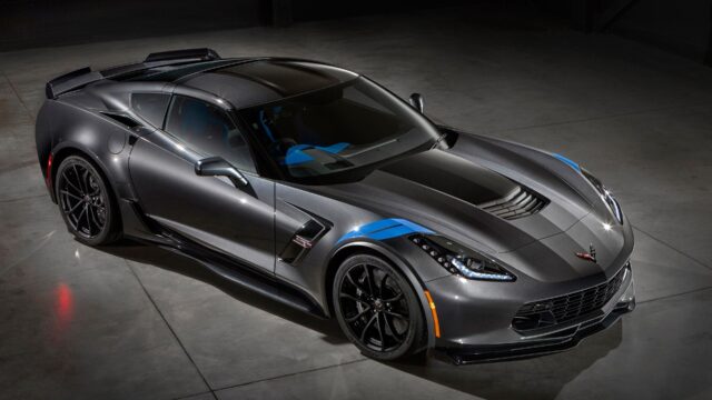 Sleek Chevrolet Corvette Sports Car In Dark Gray With Blue Accents Perfect For Wallpapers