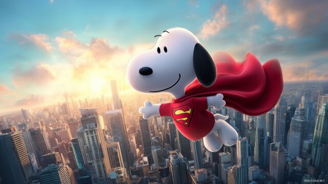 Snoopy Background HD, A Dynamic Scene Of Snoopy Dressed As A Superhero, Flying Through A City Skyline Filled With Skyscrapers