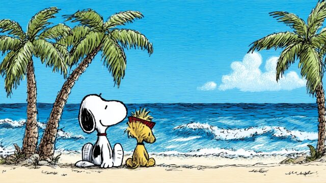 Snoopy Background For Desktop, Snoopy And Woodstock Sharing A Fun Moment At The Beach With A Clear Ocean View And Palm Trees