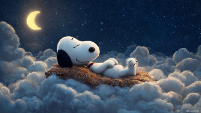 Snoopy Background For Mac, A Whimsical Scene Of Snoopy Dreaming Of Adventure While Lying On A Cloud, With Stars And Moonlight Glowing Softly