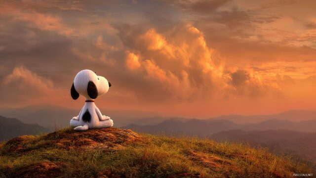 Snoopy Background For PC, A Serene Snoopy Meditating On A Grassy Hill With A Breathtaking Sunset Painting The Sky With Warm Colors