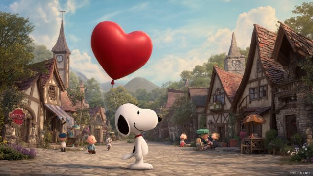 Snoopy Background High Definition, Snoopy Holding A Heart Shaped Balloon In A Charming Village Setting, With Children Playing In The Background