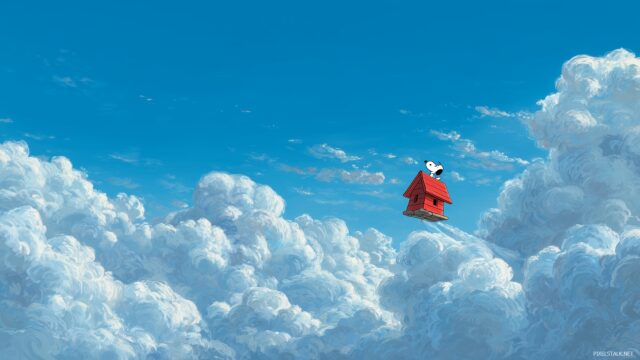 Snoopy Background High Quality, An Artistic Rendition Of Snoopy Flying His Iconic Red Doghouse Through The Clouds, Symbolizing Adventure And Freedom