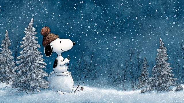 Snoopy Desktop Background, Snoopy Building A Snowman In A Winter Wonderland, Surrounded By Falling Snowflakes And Pine Trees