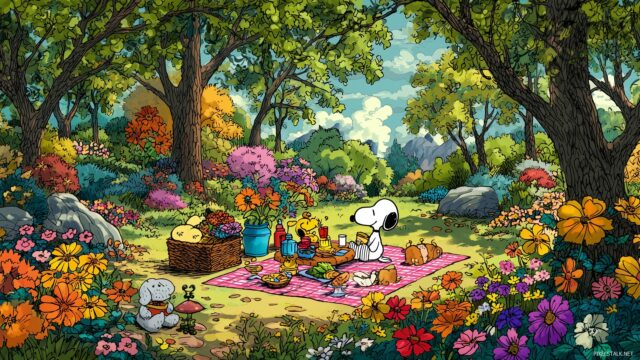 Snoopy Desktop Background HD, Snoopy Enjoying A Sunny Picnic In A Colorful Park Surrounded By Friends, With Vibrant Flowers And Trees