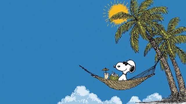 Snoopy Desktop Background HD Free Download, Snoopy Relaxing In A Hammock Between Two Palm Trees, Sipping A Coconut Drink Under A Sunny Sky