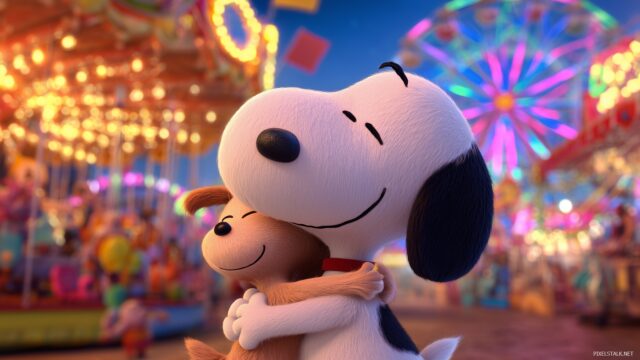 Snoopy HD Desktop Background, Snoopy Sharing A Joyful Moment With Lucy At A Colorful Carnival, With Bright Lights And Fun Activities