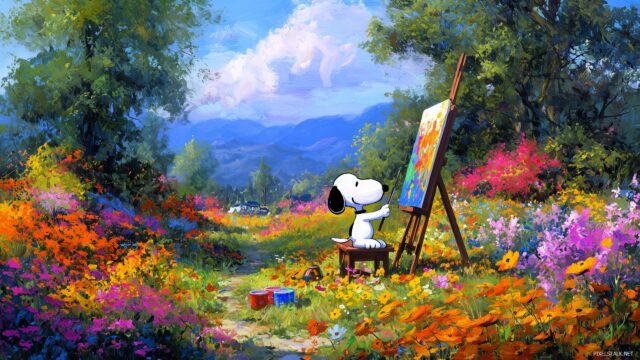 Snoopy High Resolution Desktop Background, Snoopy Painting A Colorful Canvas On An Easel, Surrounded By Nature Beauty And Vibrant Colors