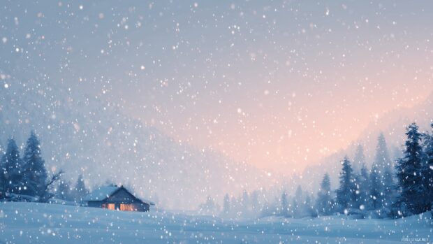 Snow background HD, a serene winter landscape with softly falling snowflakes and a cozy cabin in the distance.