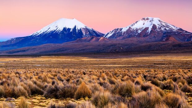 The image shows snow capped mountains rising above dry grass plains in Bolivia during a colorful sunset, HD Desktop Wallpaper
