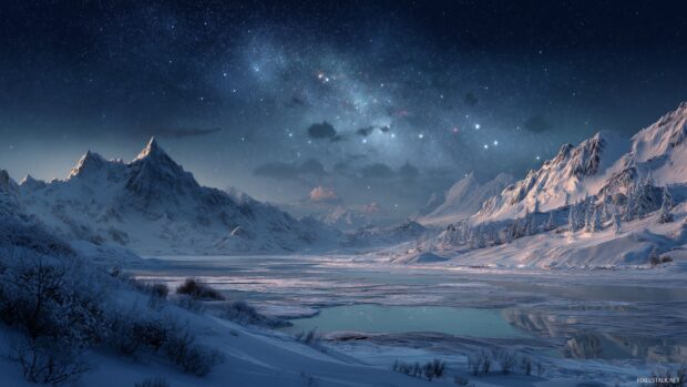 Snow landscape background, a picturesque frozen lake surrounded by majestic mountains under a starry night sky.