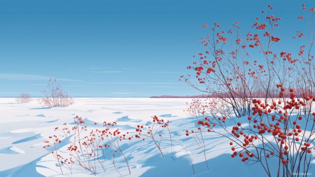 Snow landscape background, an expansive snowy plain under an azure sky, dotted with vibrant red winter berries.