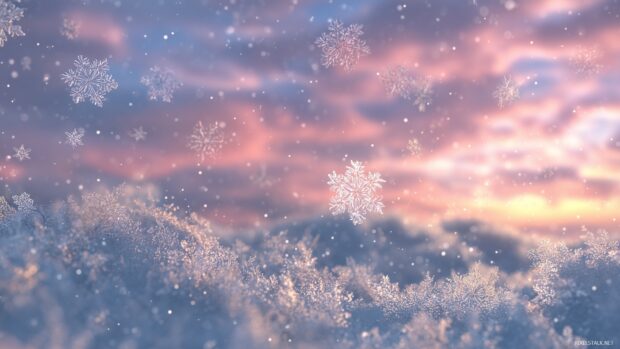 Snowflakes HD background, a dreamy scene where large snowflakes dance through the air against a soft pastel sunset.