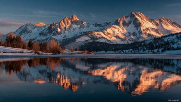 Snowy desktop background, a breathtaking view of a snowy mountain range reflecting the golden sunlight at dawn.