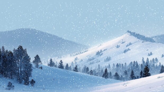 Snowy desktop background, a tranquil scene of snow covered hills with a gentle snowfall creating a peaceful ambiance.