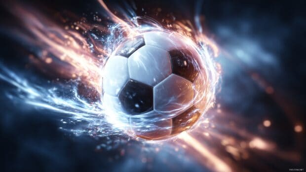 Soccer wallpapers for desktop, A visually striking image of a flying soccer ball surrounded by dynamic light bursts and energy trails, embodying speed and excitement.