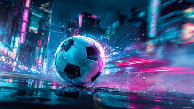 Soccer wallpapers for desktop, An explosive composition of a soccer ball racing through a neon lit cityscape, showcasing speed and excitement.