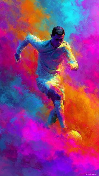 Soccer wallpapers for phone, An artistic representation of a legendary soccer star dribbling through a whirlwind of colors.