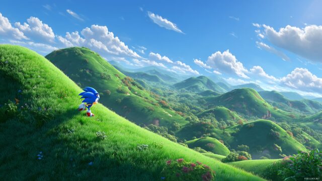 Sonic The Hedgehog Desktop HD Wallpaper, A Vibrant Landscape Featuring Sonic In Action Across Lush Green Hills With A Bright Blue Sky