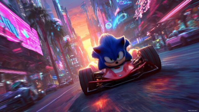 Sonic The Hedgehog Desktop HD Wallpaper Free Download, Sonic Racing Through A Futuristic Cityscape At Sunset, With Neon Lights Illuminating The Scene