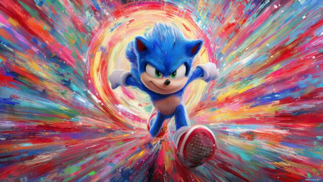 Sonic The Hedgehog Desktop Wallpaper Full HD, A Stylish Depiction Of Sonic With His Signature Red Shoes, Framed By A Colorful Explosion Of Rings And Speed Lines