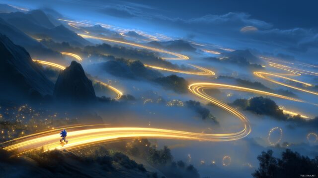 Sonic The Hedgehog Desktop Wallpaper Ultra HD, A Breathtaking View Of Sonic Racing Across A Glowing Track Made Of Golden Rings In A Dynamic 3D Landscape