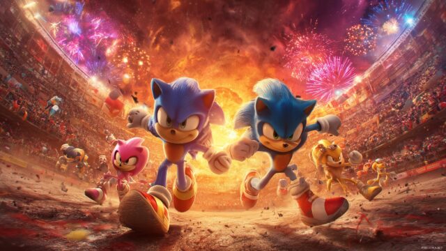 Sonic The Hedgehog HD Wallpaper Free Download, An Epic Showdown Between Sonic And His Rivals In An Explosive Arena Filled With Colorful Effects
