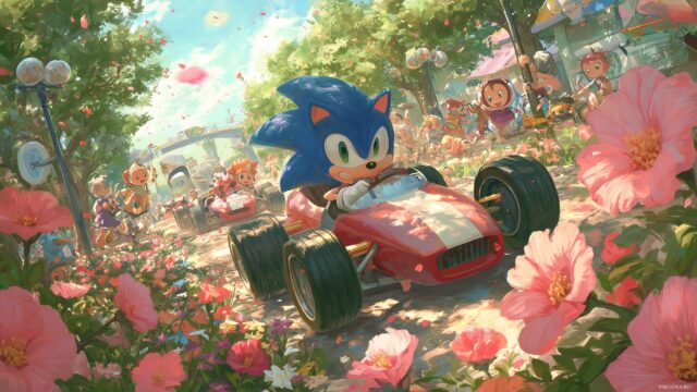 Sonic The Hedgehog Wallpaper HD For Mac, A Cheerful Scene Of Sonic Racing Through A Park, Filled With Blooming Flowers And Joyful Characters