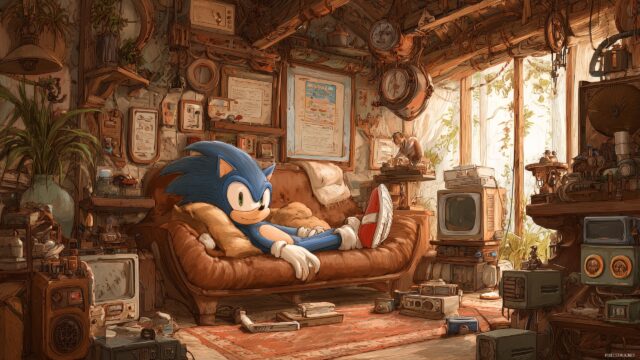 Sonic The Hedgehog Wallpaper HD Free Download, A Whimsical Scene Depicting Sonic Lounging In A Cozy Room Filled With Gadgets And Memorabilia From His Adventures