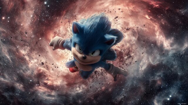 Sonic The Hedgehog High Definition Desktop Wallpaper, An Artistic Portrayal Of Sonic Amidst A Backdrop Of Swirling Galaxies And Stars, Giving A Cosmic Feel