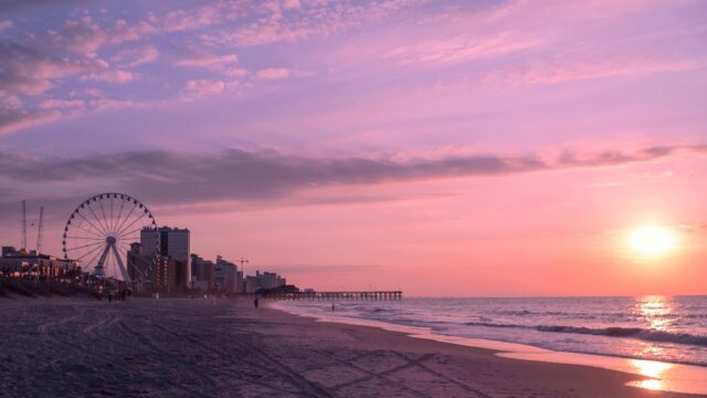 South Carolina Beach at Sunset with Ferris Wheel and Ocean View Wallpaper