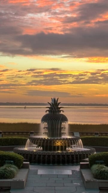 South Carolina Pineapple Fountain at Sunrise Beautiful Scenic Waterfront Wallpaper