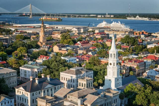 South Carolina Wallpapers Aerial View of Charleston Harbor Cityscape and Historic Buildings
