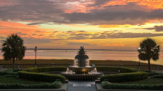 South Carolina Wallpapers Pineapple Fountain Sunrise Over Waterfront Park