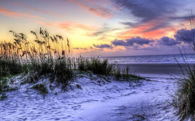 South Carolina Wallpapers Serene Beach Sunset with Sea Oats and Sandy Dunes