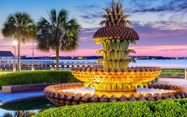 South Carolina Wallpapers featuring iconic pineapple fountain at sunset by the waterfront