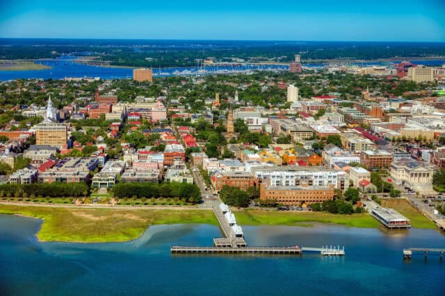 South Carolina Waterfront Cityscape Aerial View with Pier and Urban Landscape Wallpapers