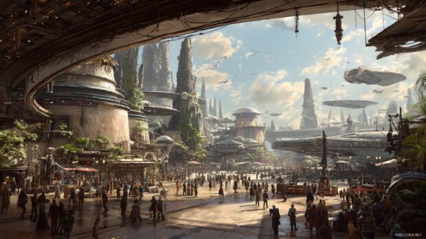 Star Wars HD backgrounds, a panoramic view of a bustling spaceport full of diverse alien species and ships of all shapes and sizes.