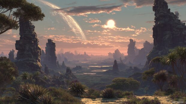 Star Wars HD backgrounds, a stunning landscape of an alien planet illuminated by a distant sun, with intricate rock formations and vibrant vegetation.