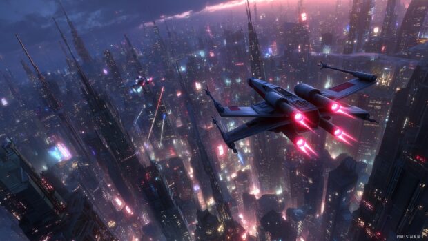 Star Wars HD backgrounds, an epic starfighter dogfight above a futuristic cityscape, with dazzling lights and towering skyscrapers.