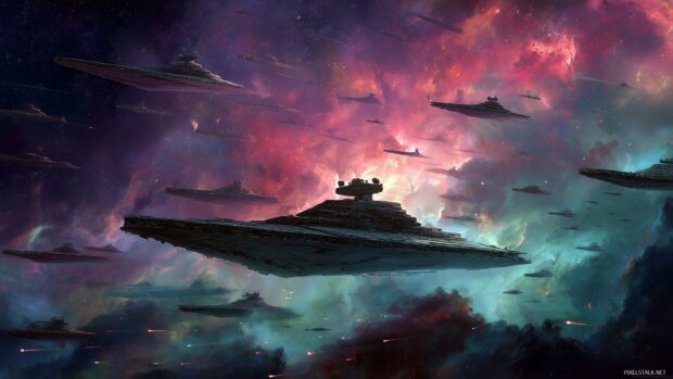 Star Wars HD wallpapers, a majestic view of a starship fleet soaring through colorful nebulae, showcasing the vastness of space.