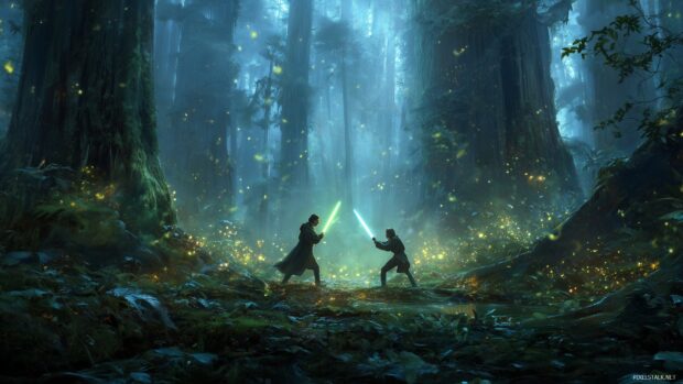 Star Wars HD wallpapers, an iconic duel taking place in a misty forest surrounded by ancient trees and glowing flora.