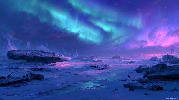 Star Wars desktop backgrounds, a chilling view of a desolate ice planet under a swirling aurora borealis, with wreckage of starships scattered.
