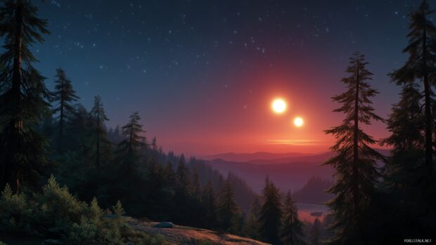 Star Wars desktop backgrounds, a serene scene on a tranquil moon covered in lush forests, glowing under a starlit sky with two suns setting.