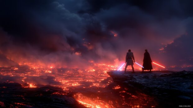 Star Wars high definition backgrounds, a dramatic battle scene between the Jedi and Sith on a volcanic planet, with lava flows and dark skies.