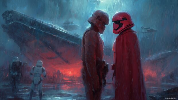 Star Wars high definition backgrounds, an intense standoff between the Resistance and the First Order amidst a rain soaked battlefield.