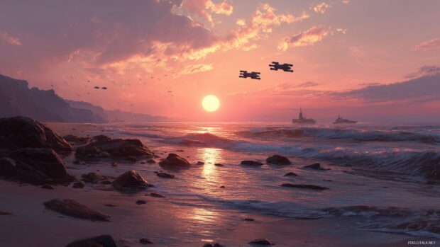 Star Wars scenery backgrounds, a breathtaking sunrise over a rocky beach on a distant moon, waves crashing against the shore with space ships in the sky.