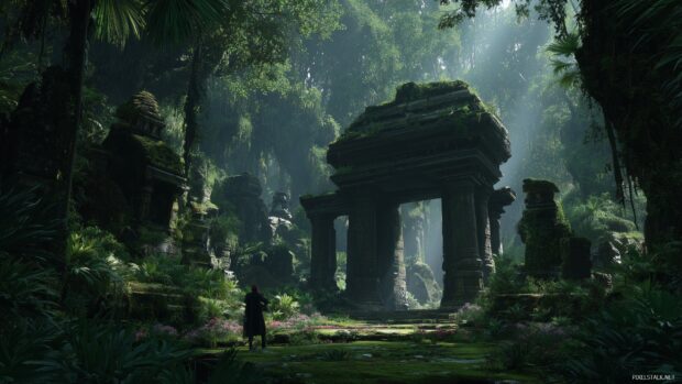 Star Wars scenery backgrounds, an ancient temple ruins hidden in a dense jungle, overrun with wildlife and illuminated by shafts of light.